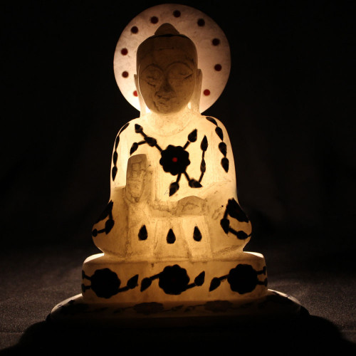 Antique Inlay Work Handmade White Marble Meditating Buddha Statue