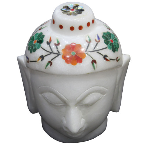 4" Inch White Marble Carving Buddha Head Inlaid Semiprecious Stones