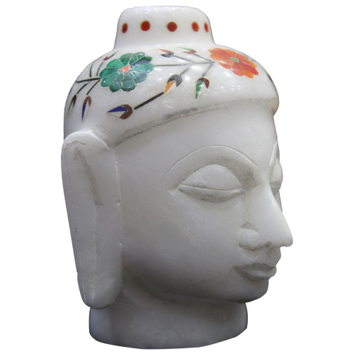 4" Inch White Marble Carving Buddha Head Inlaid Semiprecious Stones