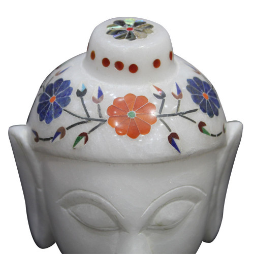 Floral Design Inlay White Marble Buddha Head For Home