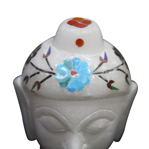 2.5" Inch Alabaster Marble Buddha Head Inlaid Turquoise Stone