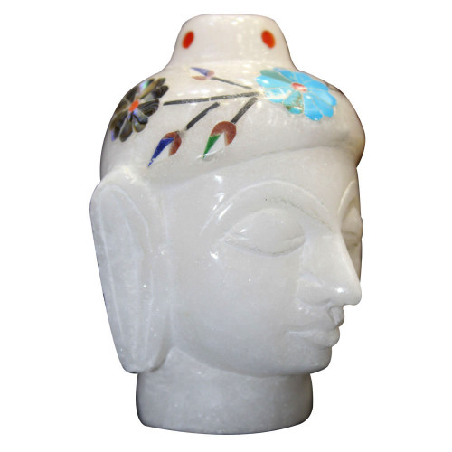 2.5" Inch Alabaster Marble Buddha Head Inlaid Turquoise Stone