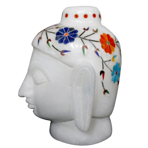 4" Inch Handmade White Alabaster Marble Inlay Buddha Head Inlaid With Semi Precious Gemstones