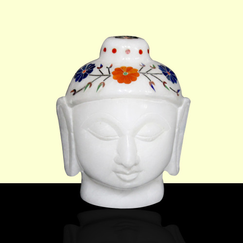 4" Inch Handmade White Alabaster Marble Inlay Buddha Head Inlaid With Semi Precious Gemstones