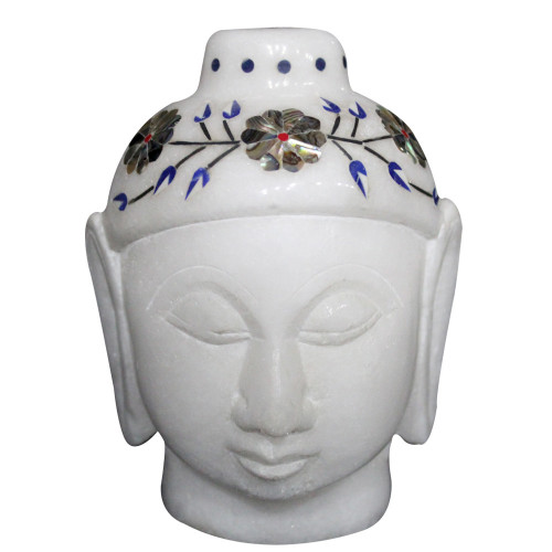 Marble Buddha Head Statue Inlaid With Semi Precious Stones Completely Hand Carved 
