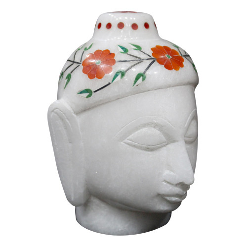 White Alabaster Marble Buddha Head Inlaid With Semi Precious Gemstones Floral Inlay Art Work 