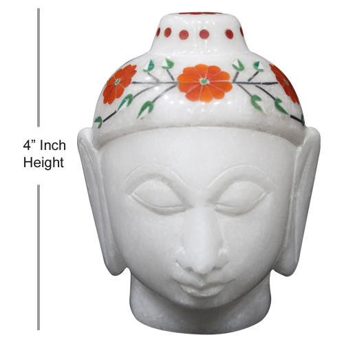 White Alabaster Marble Buddha Head Inlaid With Semi Precious Gemstones Floral Inlay Art Work 