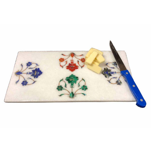 Handmade White Marble Cheese Board Inlaid Semiprecious Gemstones