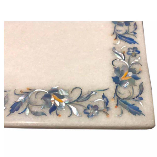 White Marble Serving Platter Inlaid Mother of Pearl Gemstone