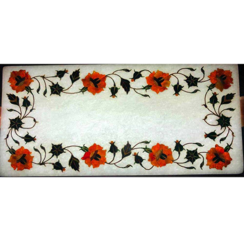 Antique Rectangle White Marble Chopping Board Inlaid Real Gemstones