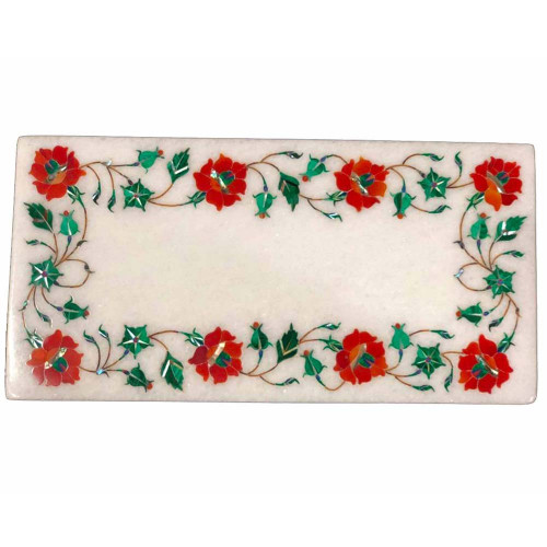 Antique Rectangle White Marble Chopping Board Inlaid Real Gemstones