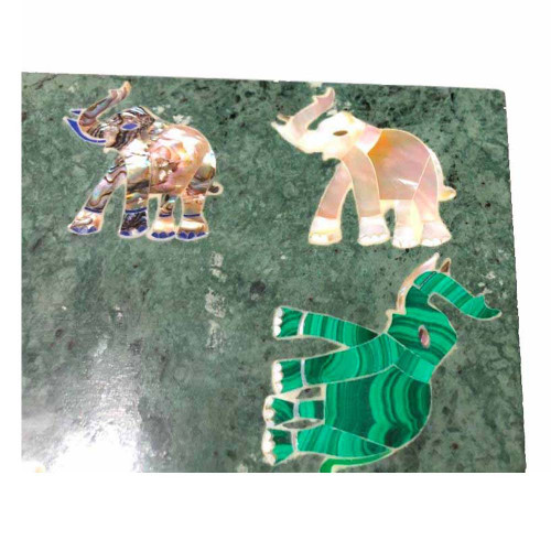Antique Elephant Marquetry Art Inlay Green Marble Cheese Platter