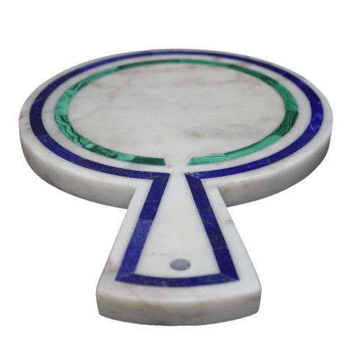 White Marble Cutting Board With Handle Inlaid Semi Precious Stones