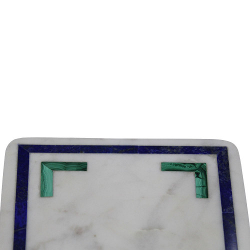Handmade White Marble Cheese Tray With Handle Inlaid Semi Precious Stones