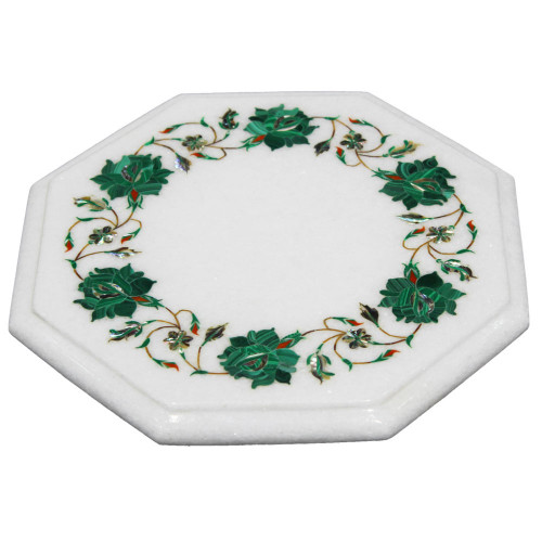 Octagonal White Marble Cheese Platter Inlaid Malachite