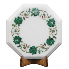 Octagonal White Marble Cheese Platter Inlaid Malachite