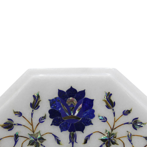 Antique White Marble Cheese Platter Inlaid Lapislazuli Pietra Dura