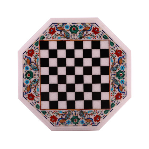 Octagonal Chess Board Table Top With Pieces And Wood Leg Stand  