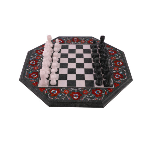 Carnelian Stone Inlay Green Marble Chess Board With Wooden Furniture  