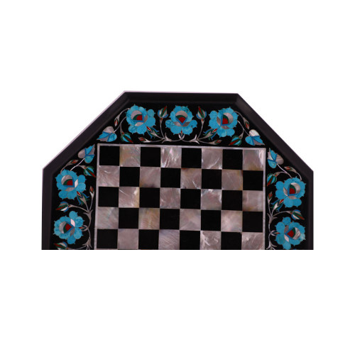 Turquoise Gemstone Inlay Black Marble Chess Set With Pieces  