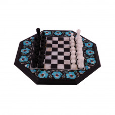 Turquoise Gemstone Inlay Black Marble Chess Set With Pieces  