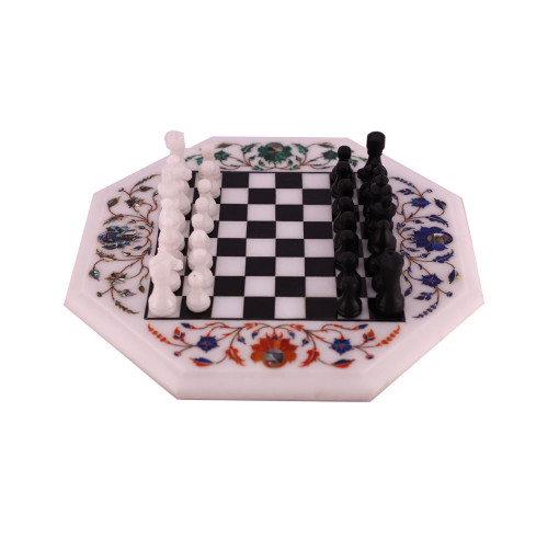 White Marble Inlay Chess Coffee Table Top With Wood Base Stand 