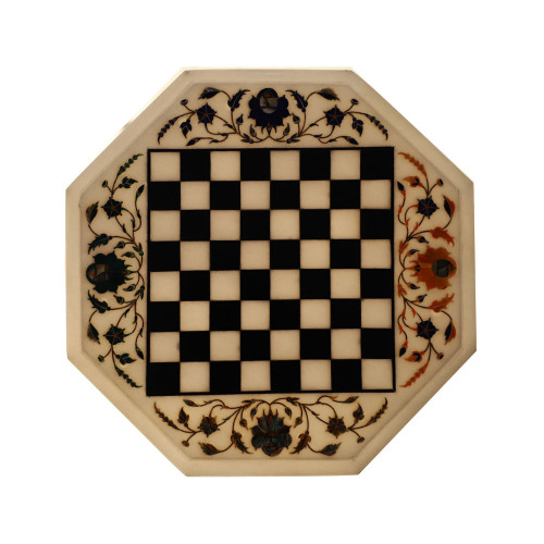 White Marble Inlay Chess Coffee Table Top With Wood Base Stand 