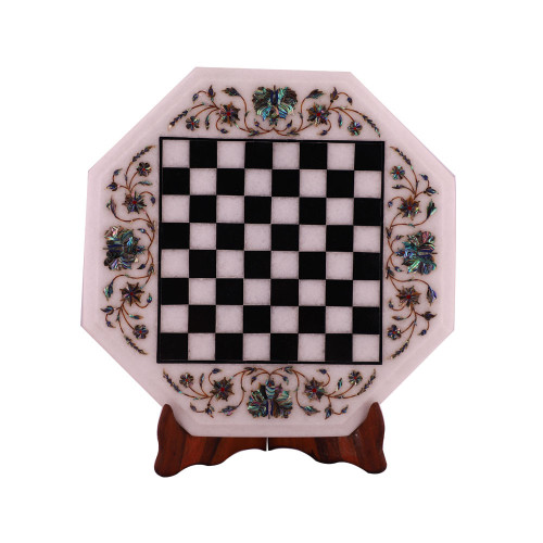 12" White Marble Chess Table Top Inlay Handicraft Work Home Decor & Gift 