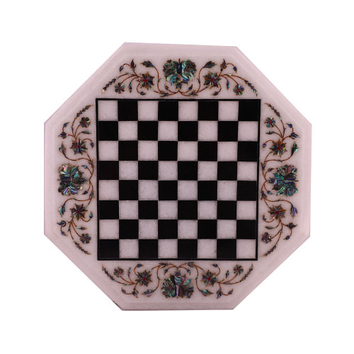 Octagonal White Marble Chess Table Top Inlay Pietra Dura Work  