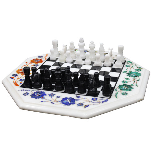 Marble Chess Set Inlay Black Onyx With Wood Furniture Base Stand  