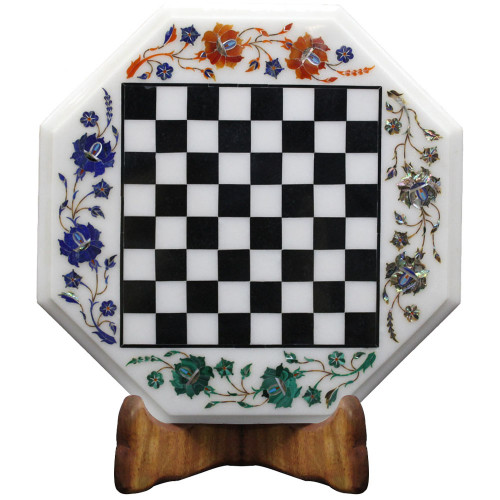 Marble Chess Set Inlay Black Onyx With Wood Furniture Base Stand  