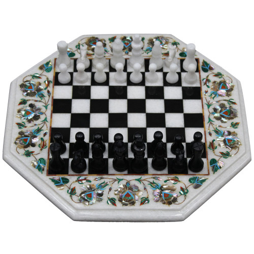 Marble Inlay Chess Table Top With Black Onyx Box 