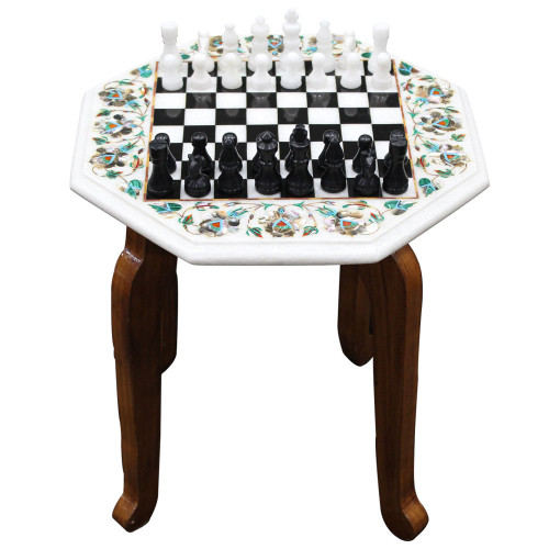 Marble Inlay Chess Table Top With Black Onyx Box 