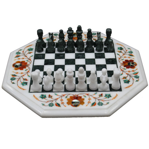Handcrafted Oct-Angle White Marble Inlay Chess Board With Wooden Base Stand 