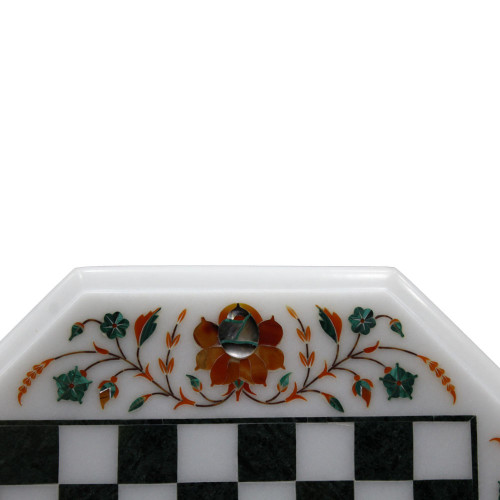 Handcrafted Oct-Angle White Marble Inlay Chess Board With Wooden Base Stand 