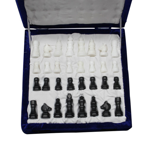 Vintage Black Marble Chess Set Inlaid Semi Precious Stones  