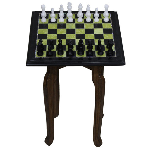 Antique Black Marble Chess Set Inlaid Rare Stones 