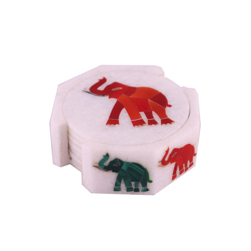 Elephant Inlaid White Marble Tea Cup Coaster Set