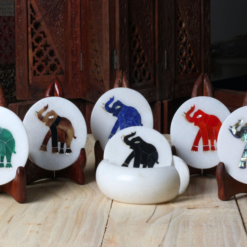 Elephant Inlaid White Marble Tea Cup Coaster Set