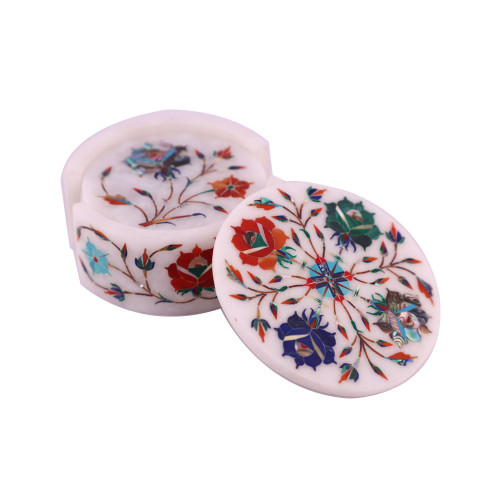 Handmade Handicrafts Round White Marble Inlay Coasters