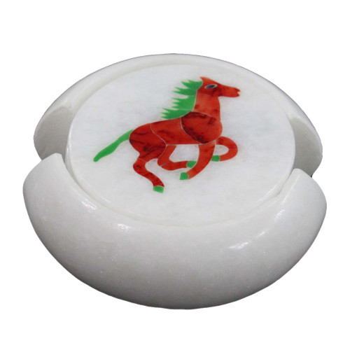 White Marble Coaster Inlaid Horse Marquetry Art