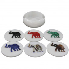 Round Marble Coasters Inlaid Elephant Marquetry Art Design