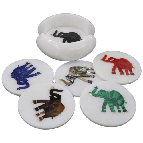 Round Marble Coasters Inlaid Elephant Marquetry Art Design