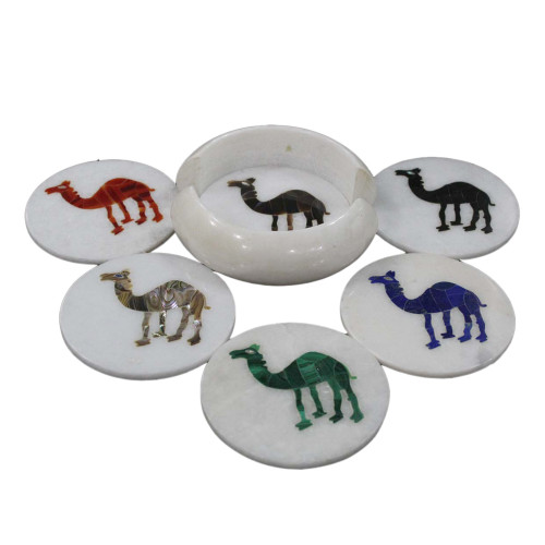 Camel Marquetry Art Inlay White Marble Coaster Set