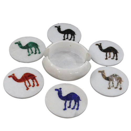 Camel Marquetry Art Inlay White Marble Coaster Set