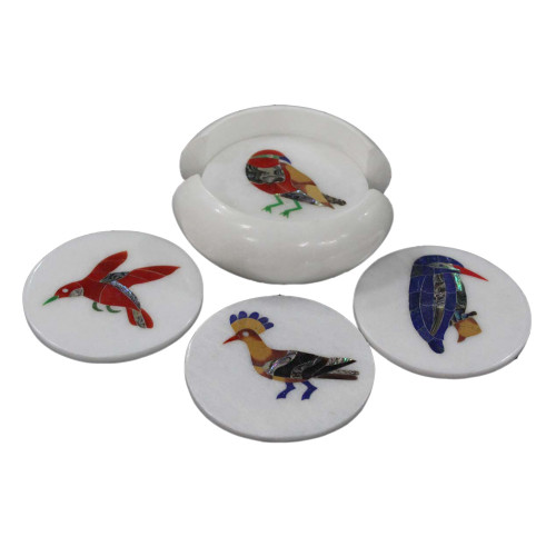 Bird Marquetry Art Inlay Round White Marble Coaster Set