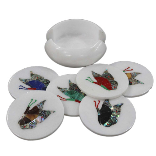 White Marble Drink Coasters Inlaid Butterfly Art Work