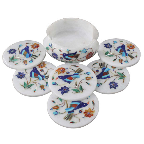Unique Tea Coaster Set Inlaid Semiprecious Gemstones