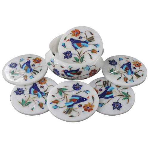 Unique Tea Coaster Set Inlaid Semiprecious Gemstones
