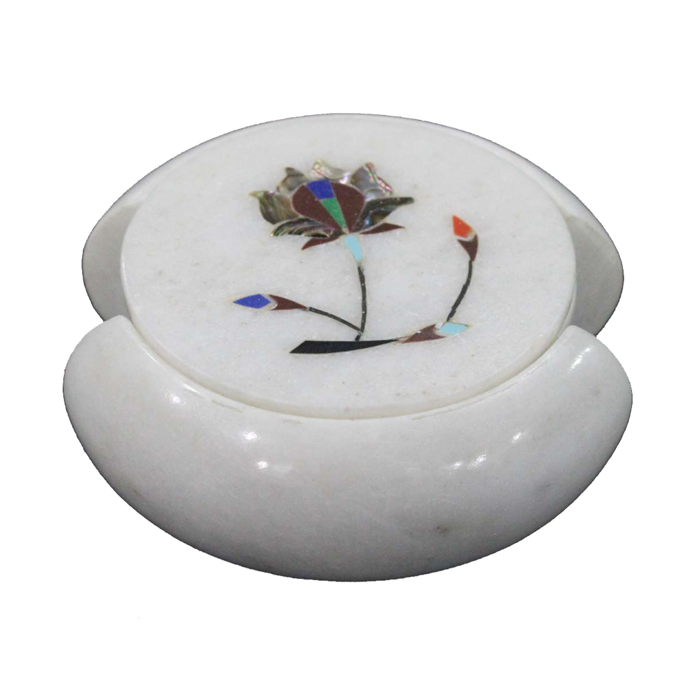 Soap Stone Vintage Floral Coaster Set. Indian Marble Inlay 